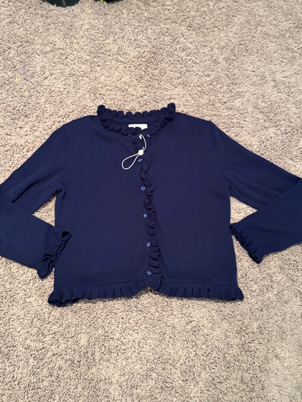 Rachel Riley lightweight navy blue cotton button up ruffle trim cardigan size 10